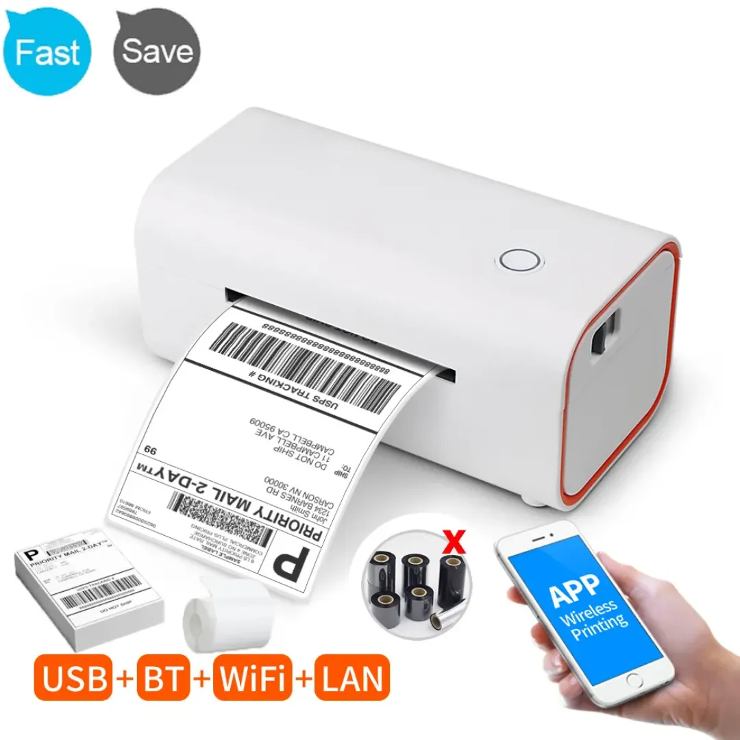 Imprimante Thermique Intelligente 4 Pouces – Étiquettes 108mm, 203DPI – Connexion USB, WiFi, Bluetooth – Pour Bureau, Entrepôt, Boutique, Livraison