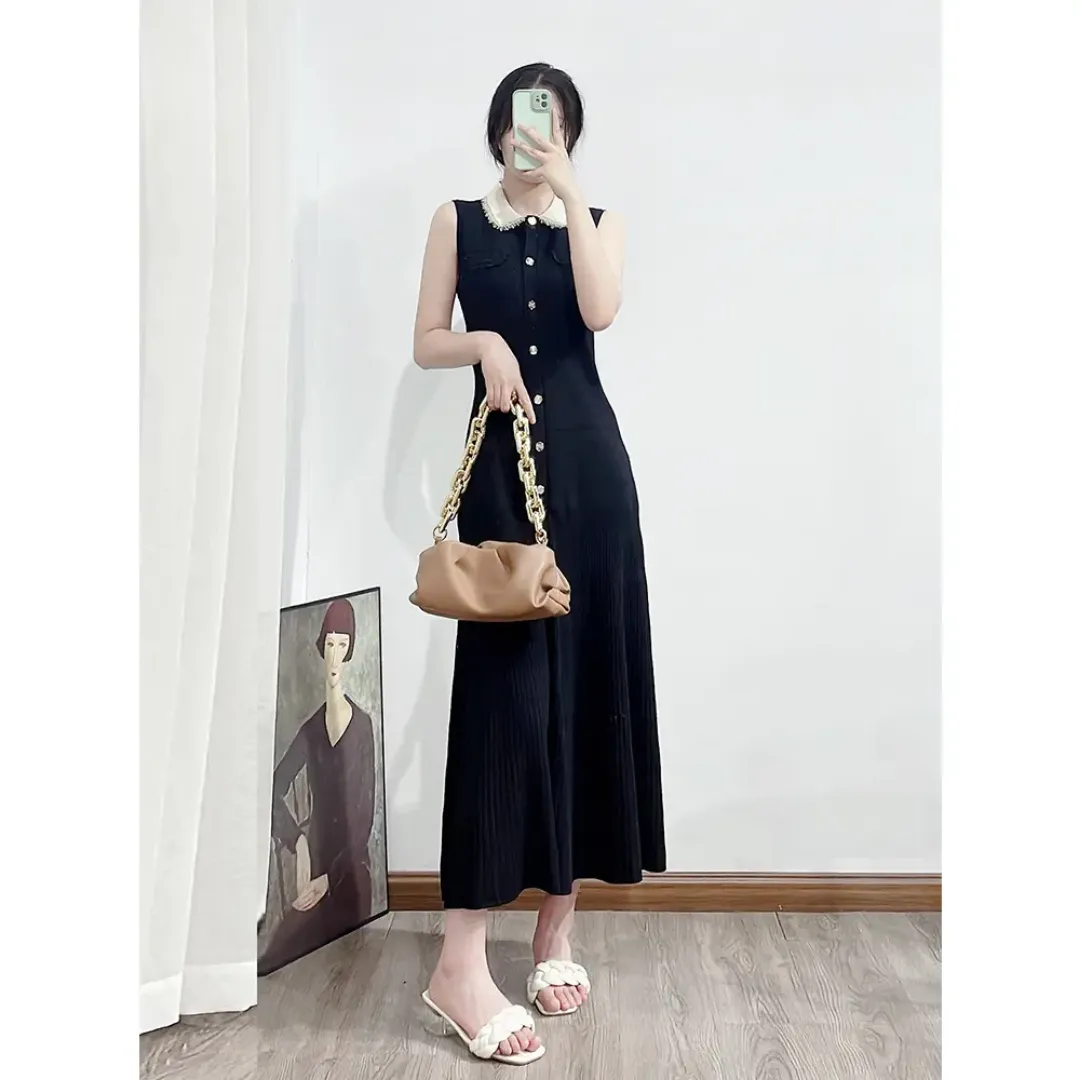 Robe Noire Sans Manches Tricotée – Style Sexy, Boutonnée, Dentelle Élégante – Robe pour Femmes, Été et Printemps