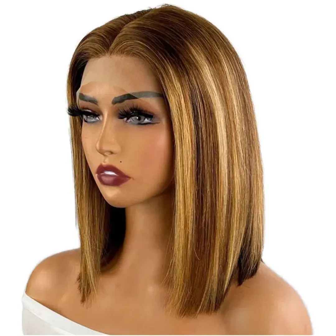 Taille 12 Perruque Bob Courte 100% Cheveux Humains Péruviens – Lace Front 13x4 Teinte 4/27 avec Raie Naturelle