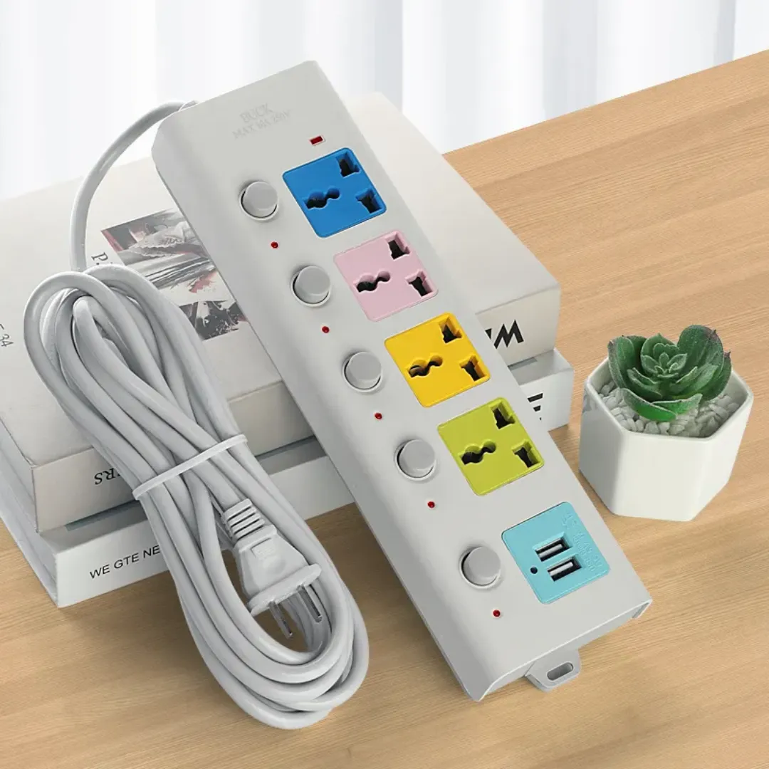 Multiprise Électrique USB 4 Prises avec Interrupteurs Individuels + 2 Ports USB – 1300W, Câble 1,8m – EZKABO
