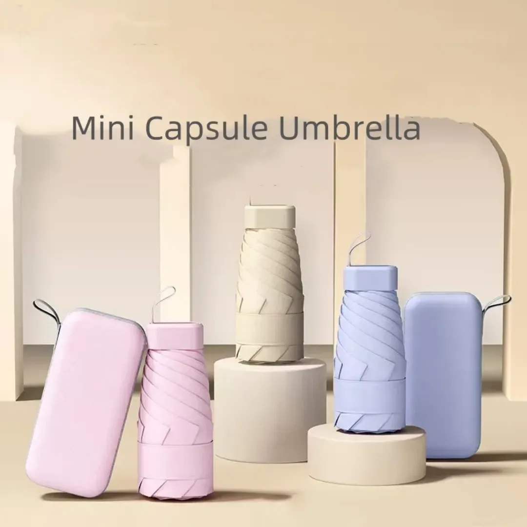 Mini Parapluie Pliant de Voyage – 6 Côtes, Protection UV, Étanche, avec Étui Capsule Rigide, Léger et Portable