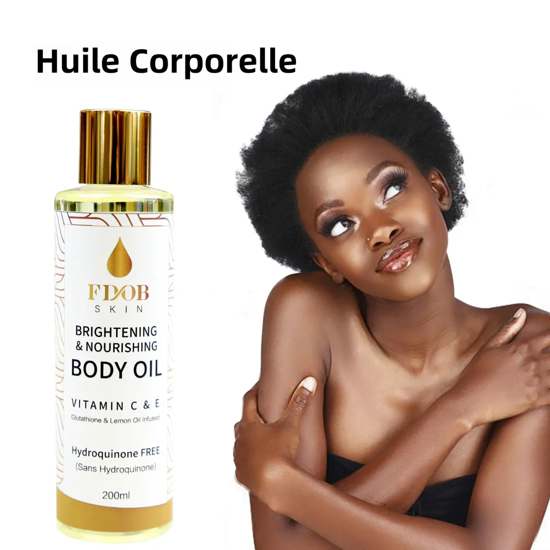 Huile Corporelle Éclaircissante et Nourrissante FDOB – Vitamine C & E, Sans Hydroquinone, 200ml