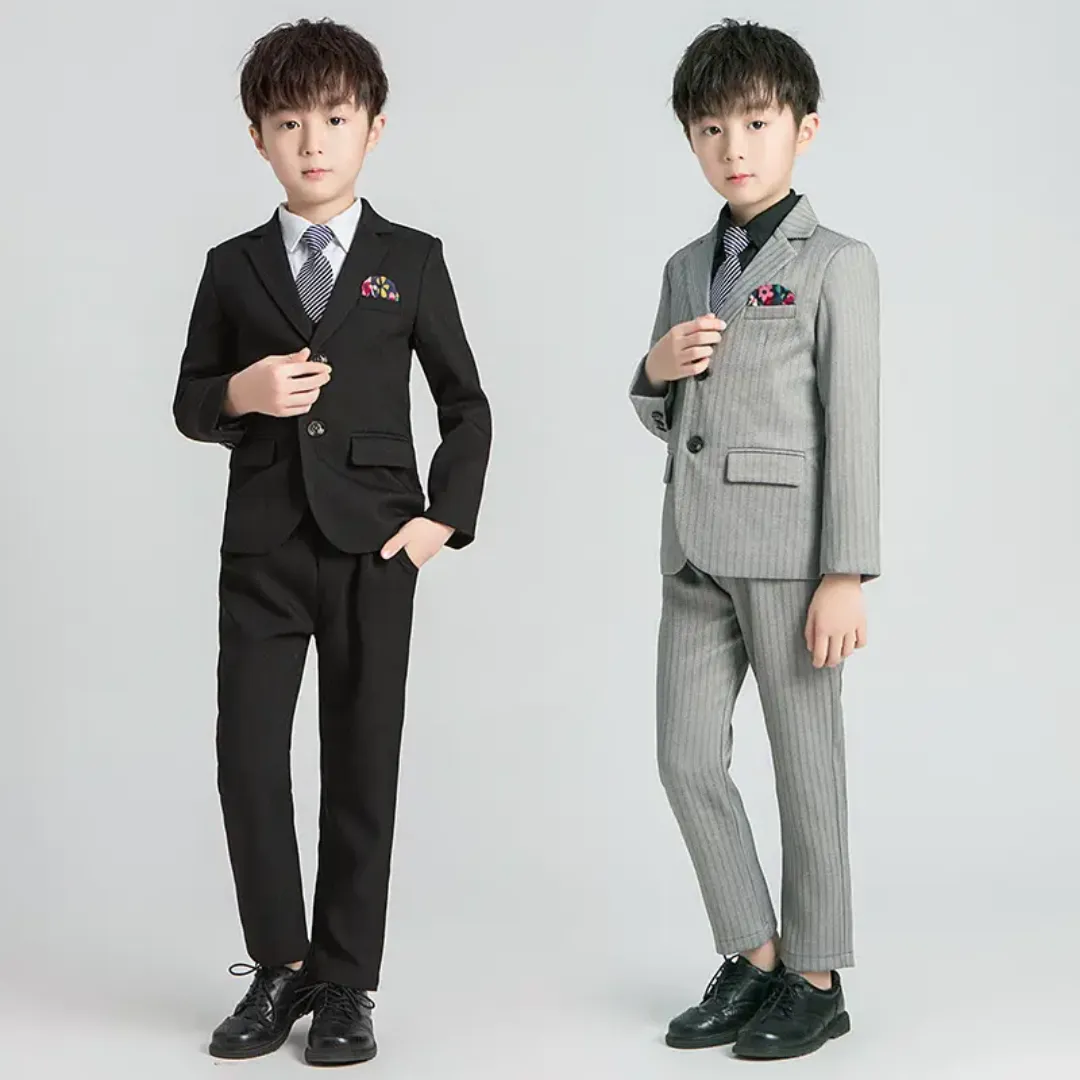 Costume Garçon Élégant 4 Pièces – Ensemble Habillé à Rayures pour Soirée, Mariage ou Cérémonie (2 à 12 Ans)