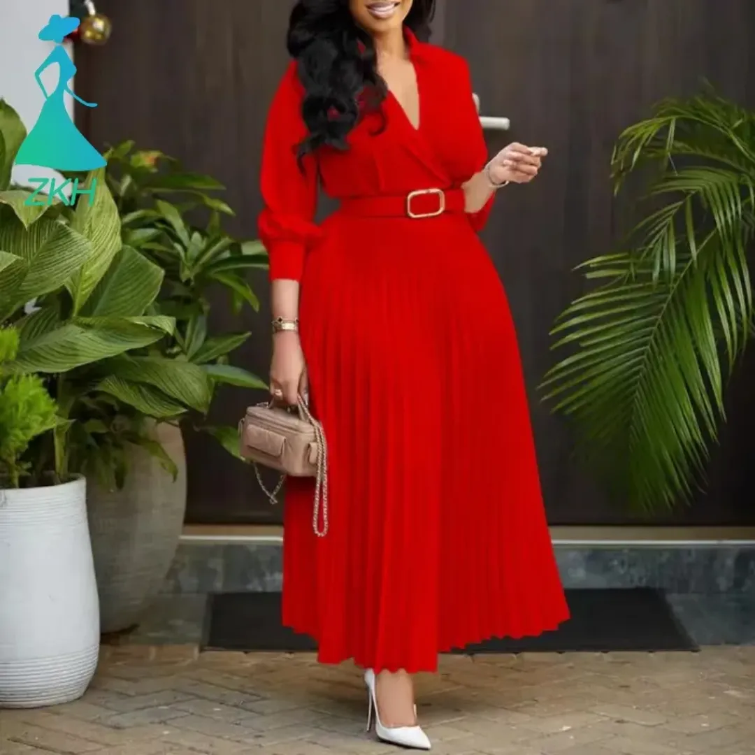 Robe Longue Plissée Élégante avec Ceinture – ZKH
