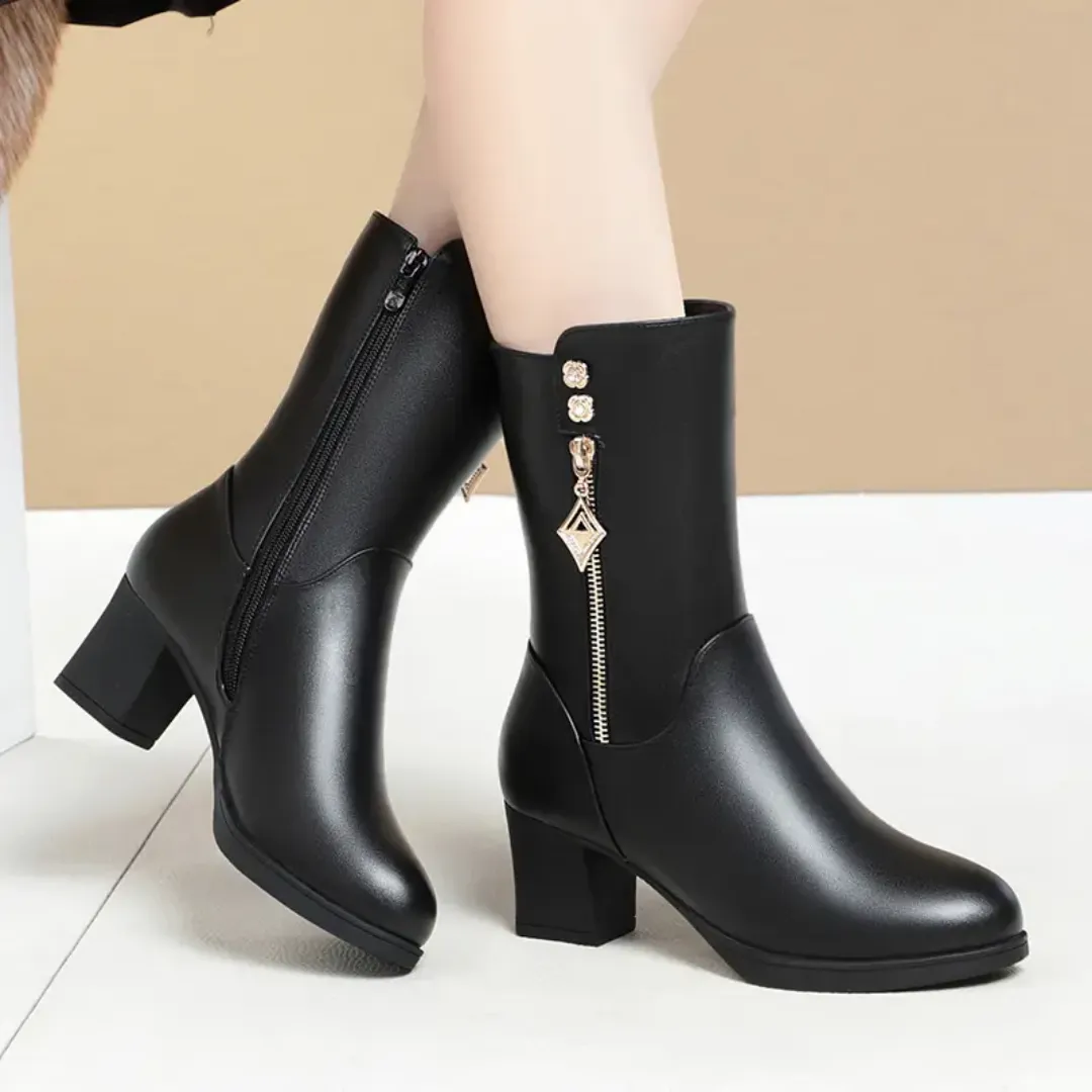 Bottes d'hiver fourrées pour femmes en cuir PU – Style cheville, doublure chaude