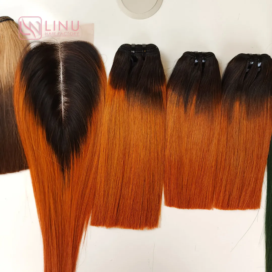 Cheveux vietnamiens 100% vierges lisses – Ombré noir cuivré, Qualité SG (10", 12", Closure 2x4)