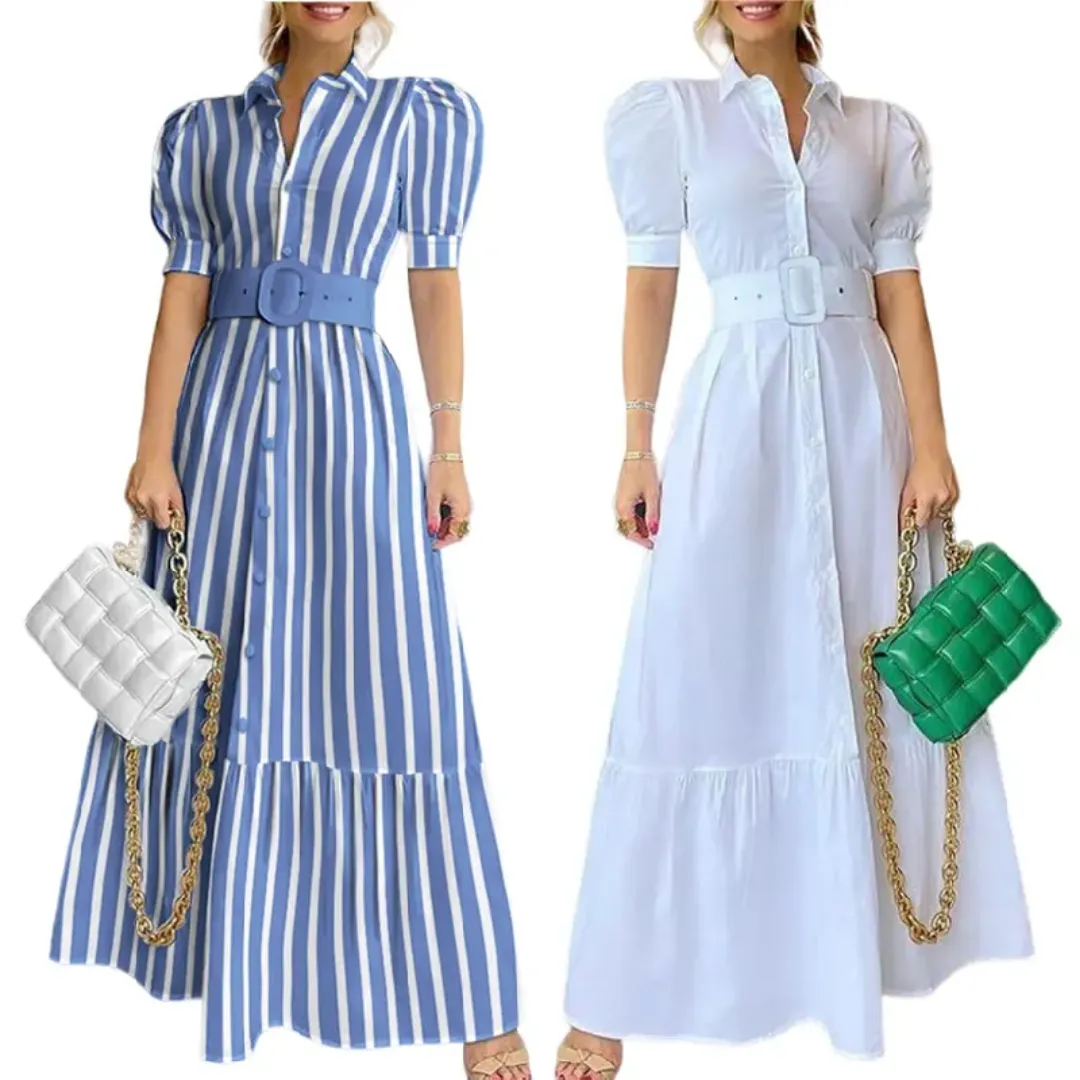 Robe Chemise Longue Femme à Ceinture – Élégante, Boutonnée, Manches Bouffantes
