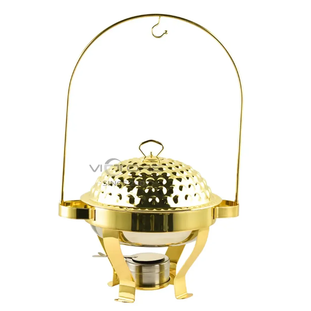 Chauffe-Plat Doré de Luxe de 3.5 a 8L en Acier Inoxydable – Réchaud Buffet Hôtel avec Couvercle Suspendu