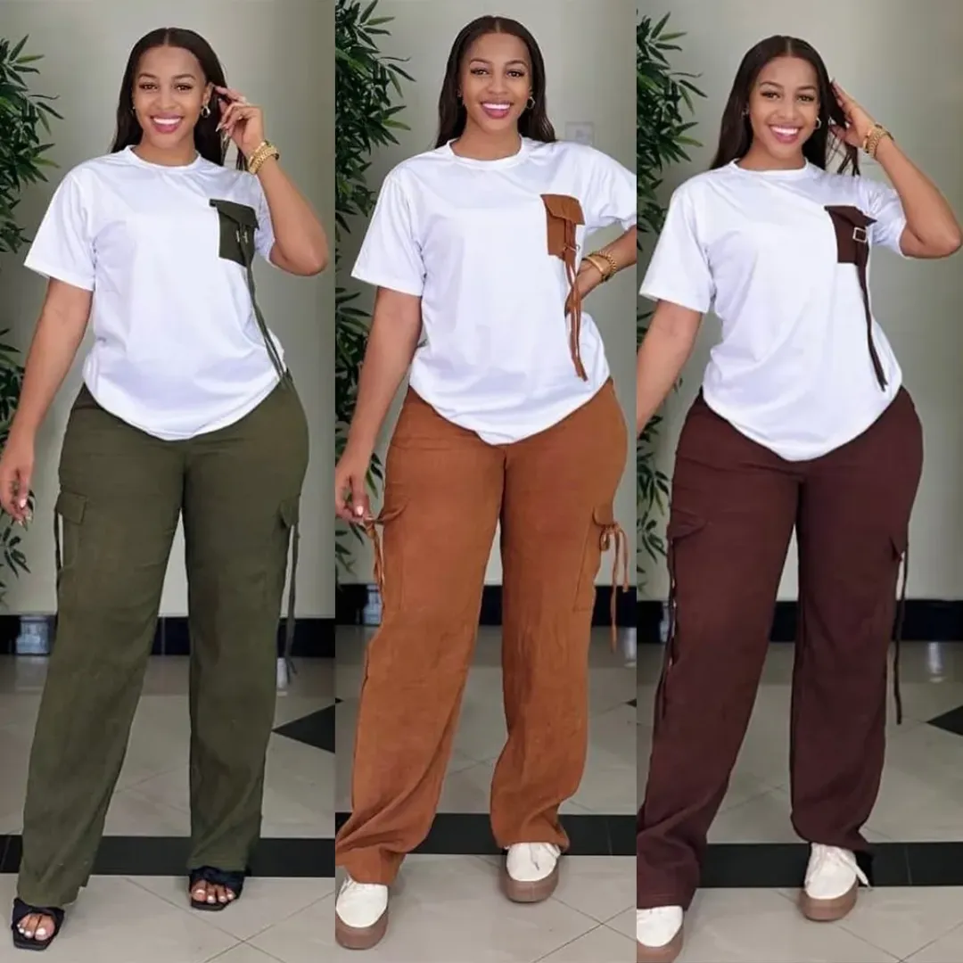 Ensemble Décontracté Femme – T-Shirt Blanc à Poche Contrastée & Pantalon Cargo Large