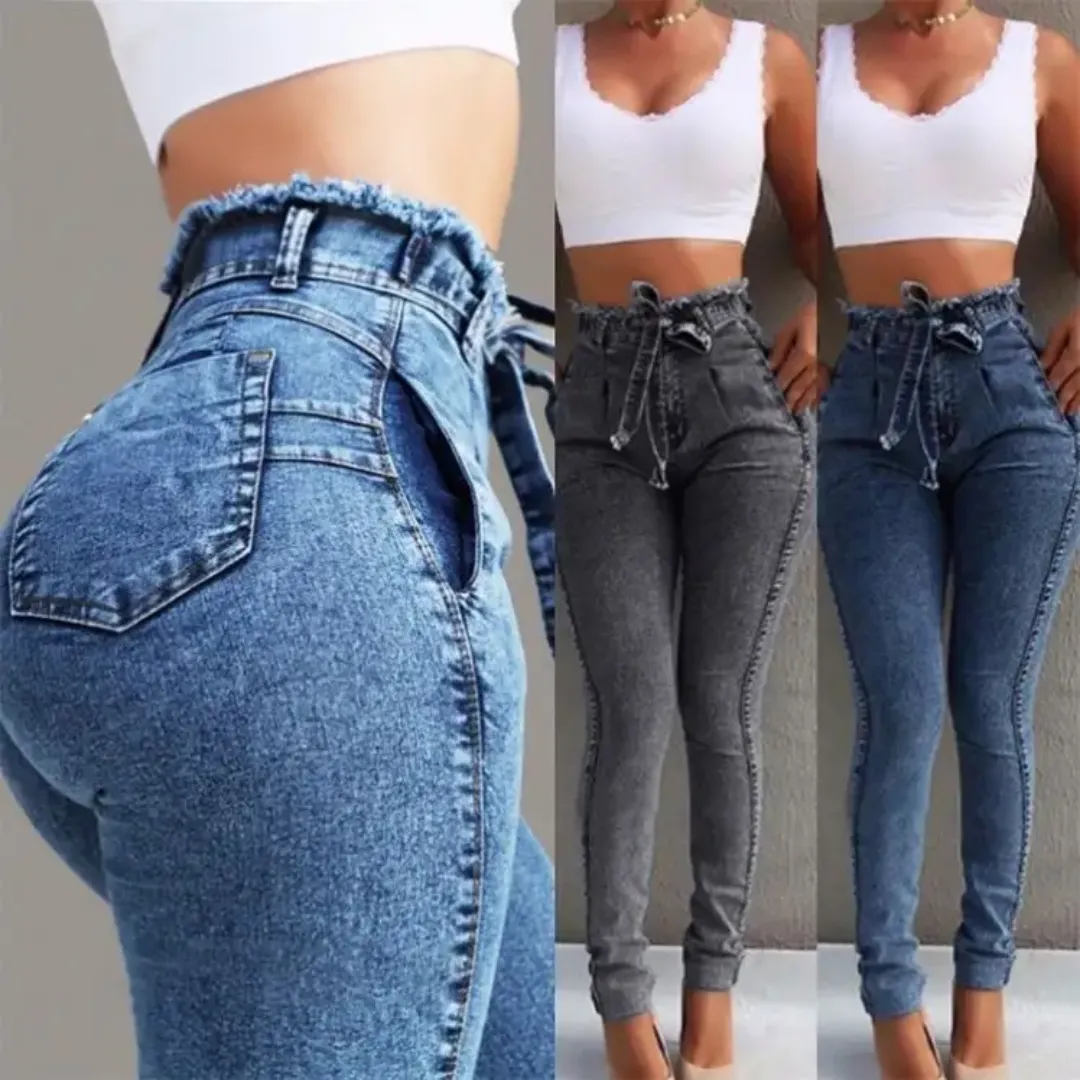 Jean Taille Haute Femme Effet Push-Up – Coupe Slim Fit avec Ceinture Froncée