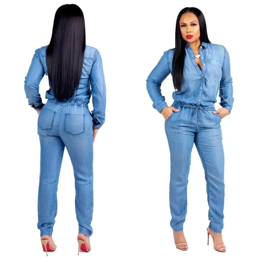 Combinaison en jean pour femme – Style casual chic – Manches longues, taille élastique