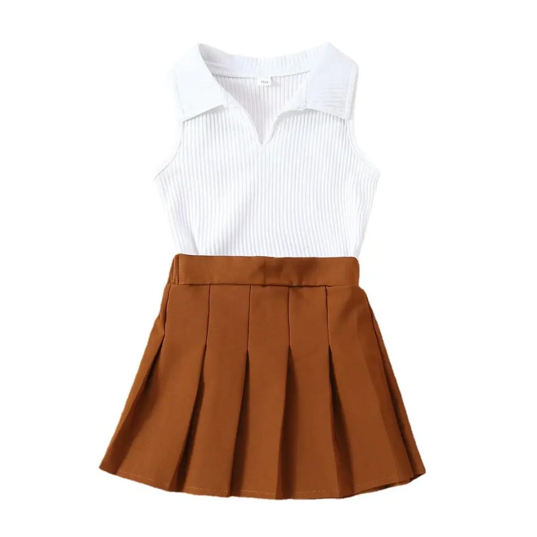 Ensemble été fille 2 pièces – Haut sans manches côtelé et jupe plissée – Look chic et décontracté