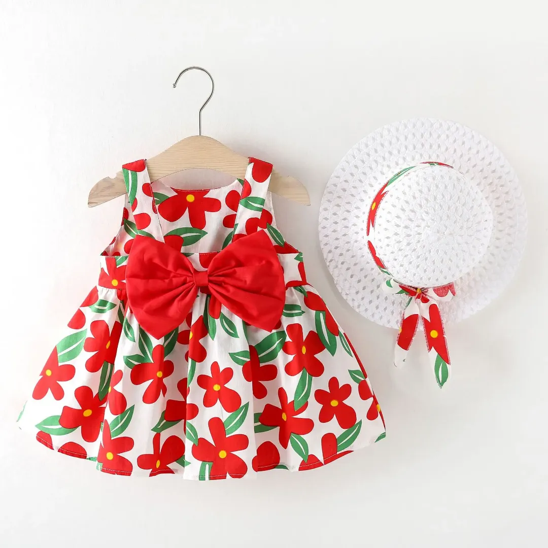 Robe d'été bébé fille à fleurs avec gros nœud + chapeau – Tenue anniversaire ou sortie
