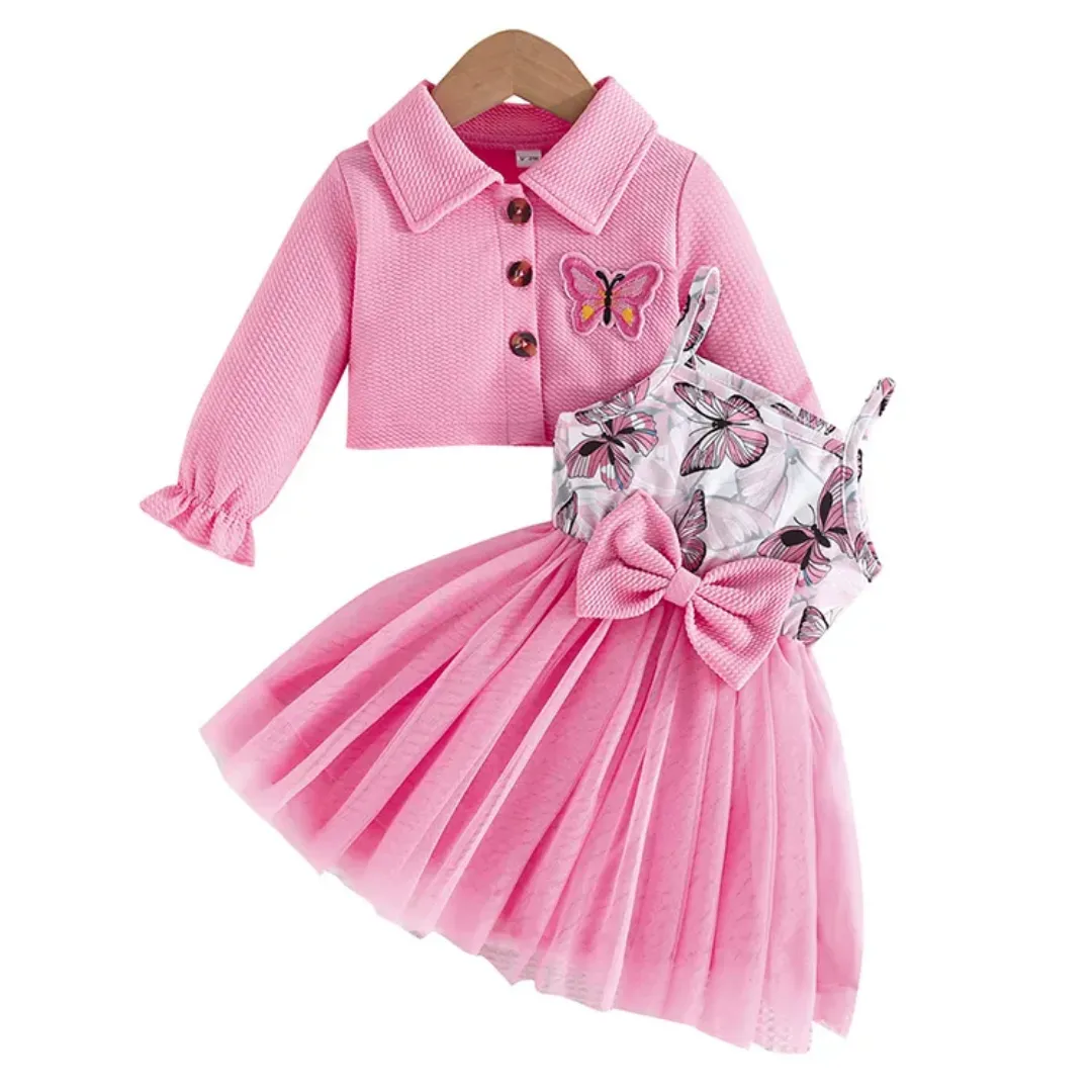 Tenue élégante 2 pièces pour bébé fille – Robe papillon brodée + veste – Rose pastel