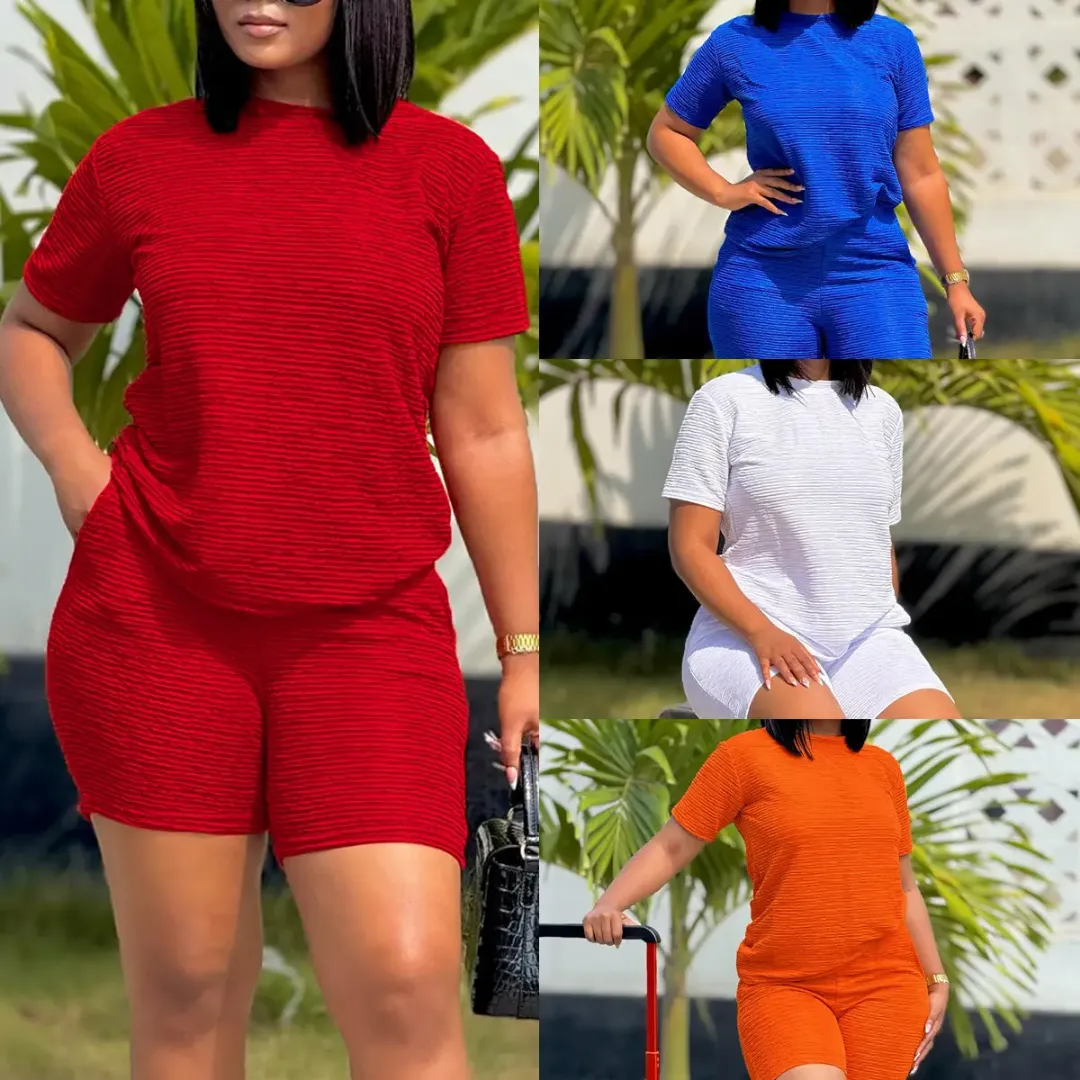 Ensemble Femme 2 Pièces – Tee-shirt et Short Texturé, Style Décontracté Été