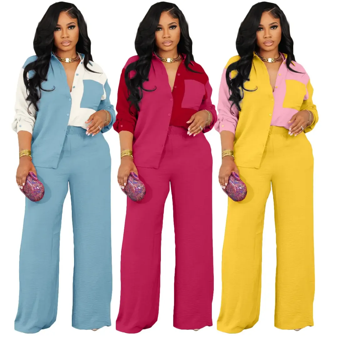 Ensemble 2 pièces Femme Chic Colorblock – Chemise et Pantalon Large Décontracté