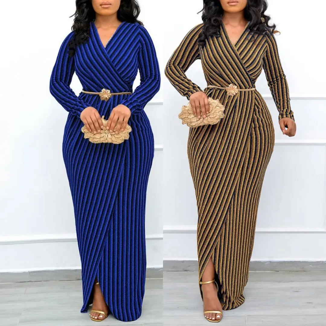 Robe Longue Élégante à Rayures avec Ceinture Fleurie – Tenue de Cérémonie et Soirée Chic pour Femme