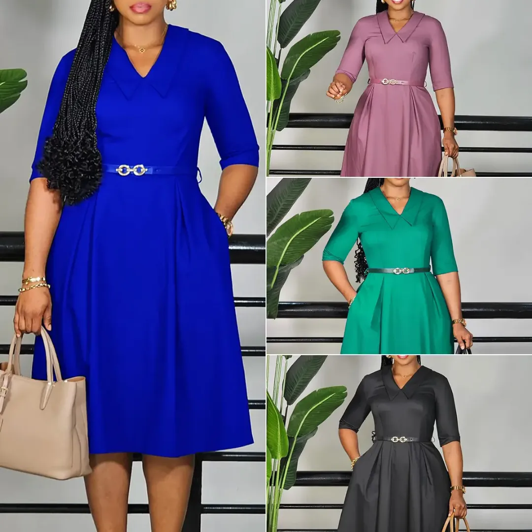 Robe Élégante Mi-Longue avec Ceinture – Style Chic et Professionnel pour Femme
