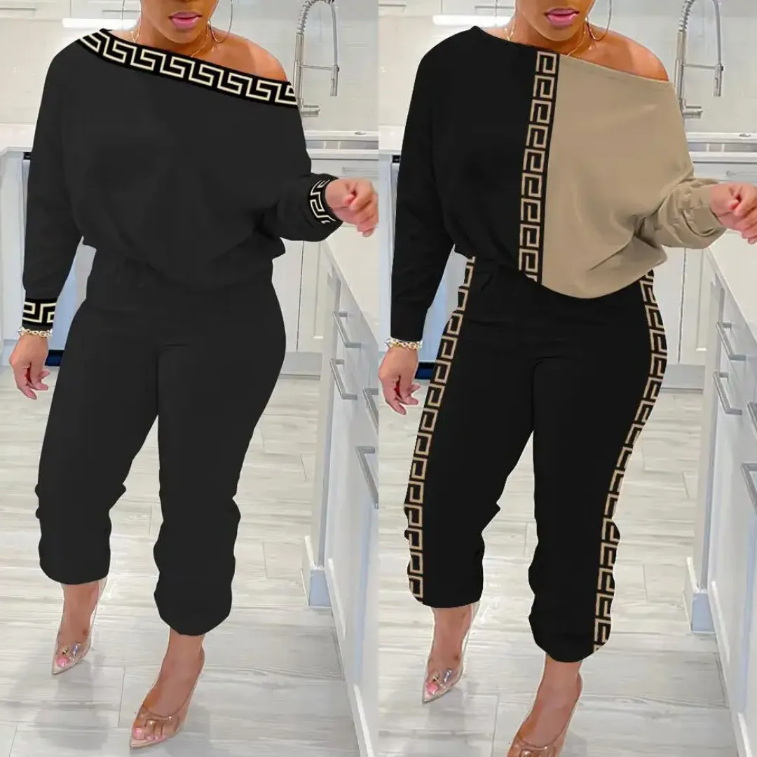 Ensemble Femme Élégant 2 Pièces à Épaule Dénudée – Style Chic avec Motif Grec