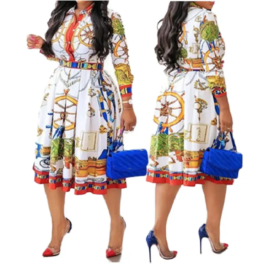 Robe Chemise Élégante à Imprimé Nautique - Ceinturée, Longueur Genou, Manches Longues