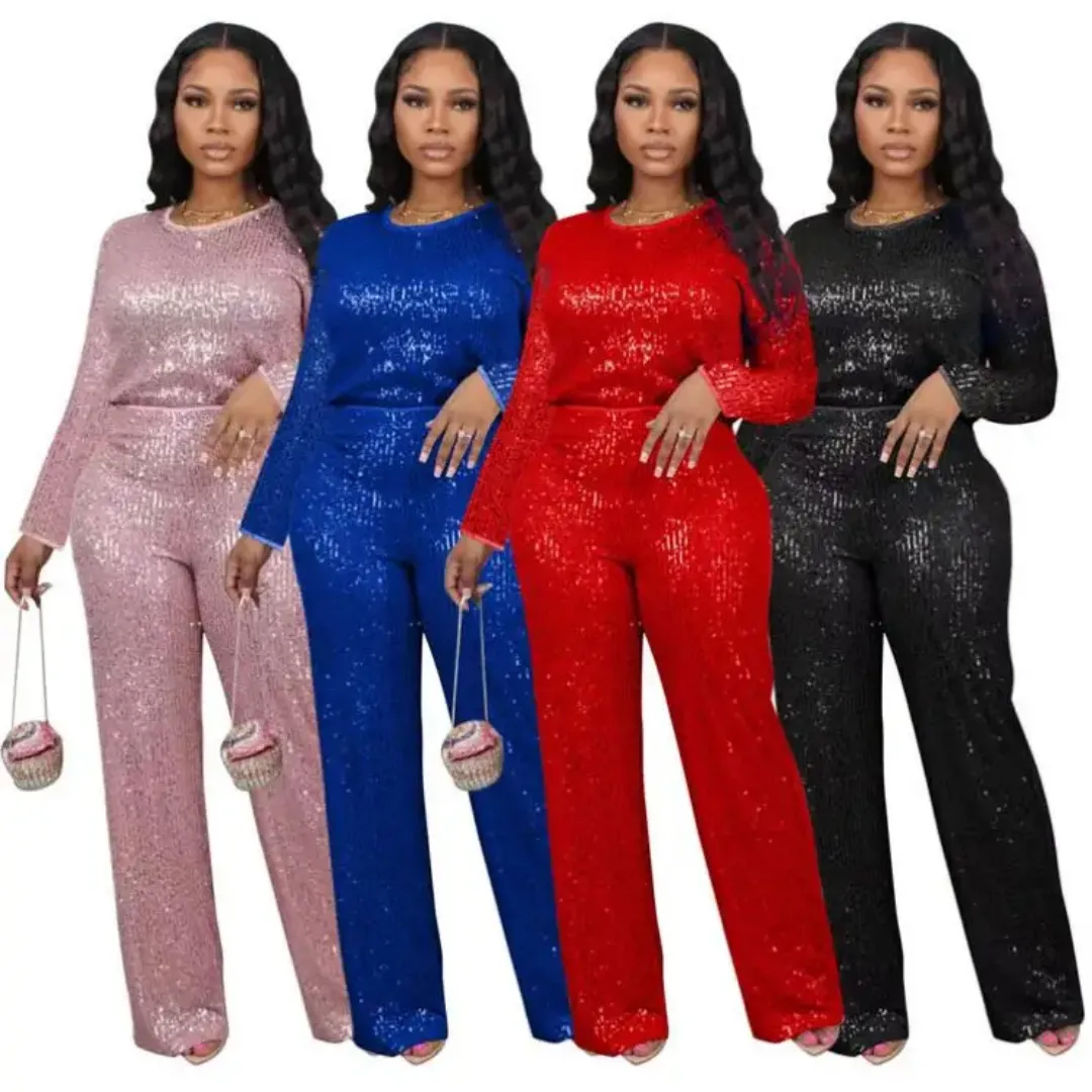 Ensemble Femme Pailleté 2 Pièces - Top Manches Longues et Pantalon Large