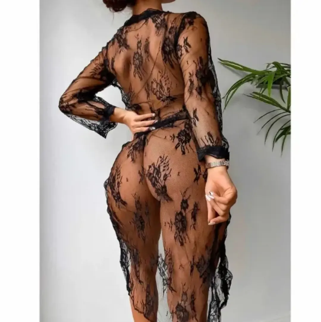 Robe de Lingerie Transparente Sexy en Dentelle avec String – Ensemble 2 Pièces Érotique pour Femme
