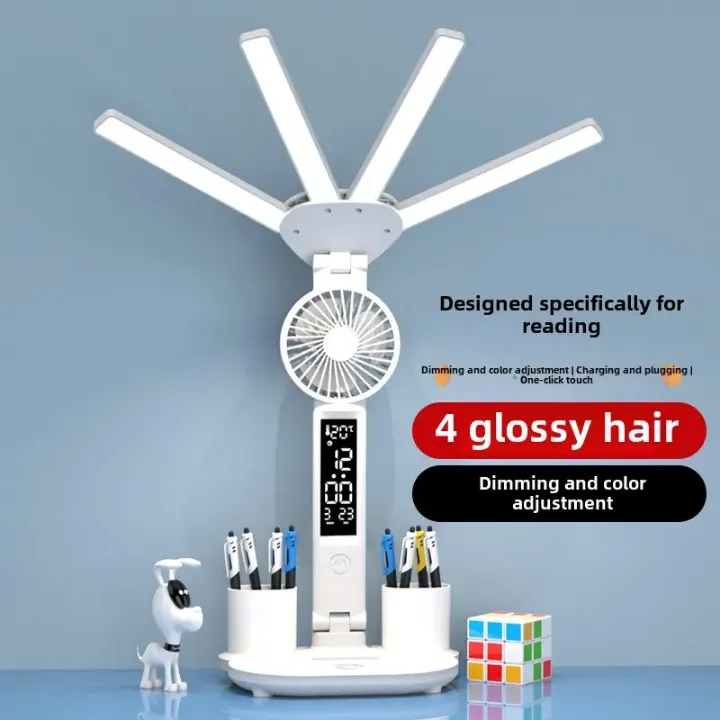 Lampe de Bureau Multifonction avec Ventilateur, Porte-Stylos et Écran LED – Éclairage Réglable pour Étude et Bureau