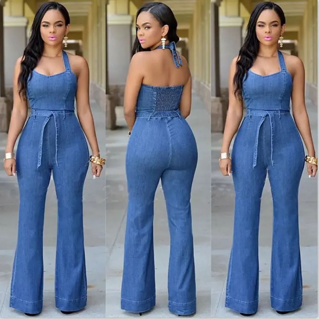 Combinaison Pantalon Femme Jean Bleu Délavé à Bretelles Dos Nu – Look Décontracté et Tendance