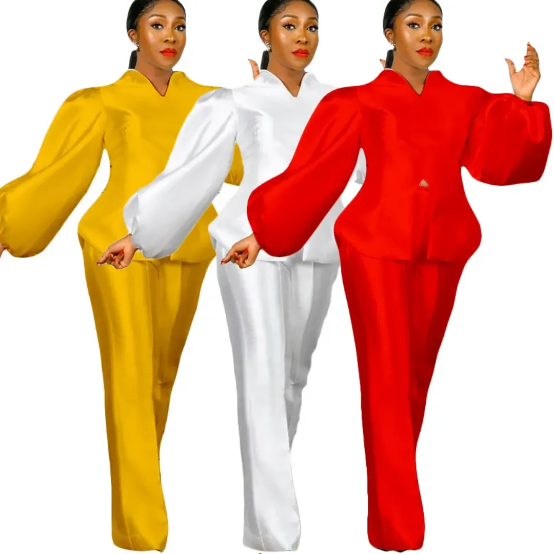 Ensemble Femme Élégant Deux Pièces avec Manches Bouffantes – Top Cintré et Pantalon Classique