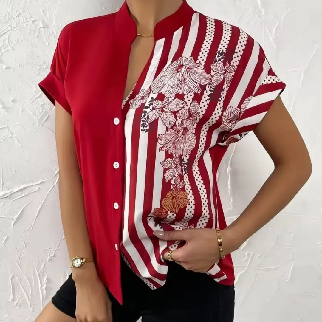 Chemise Femme Élégante Rouge à Motifs Rayures et Fleurs – Manches Courtes