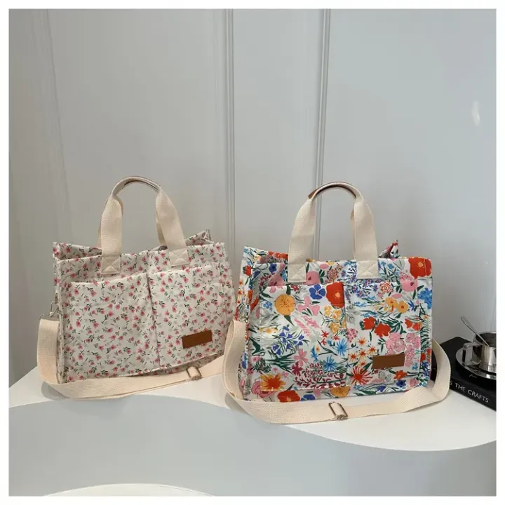 Sac à Main Tissu Floral avec Anses et Bandoulière – Sac Fourre-Tout Léger et Tendance pour Femme