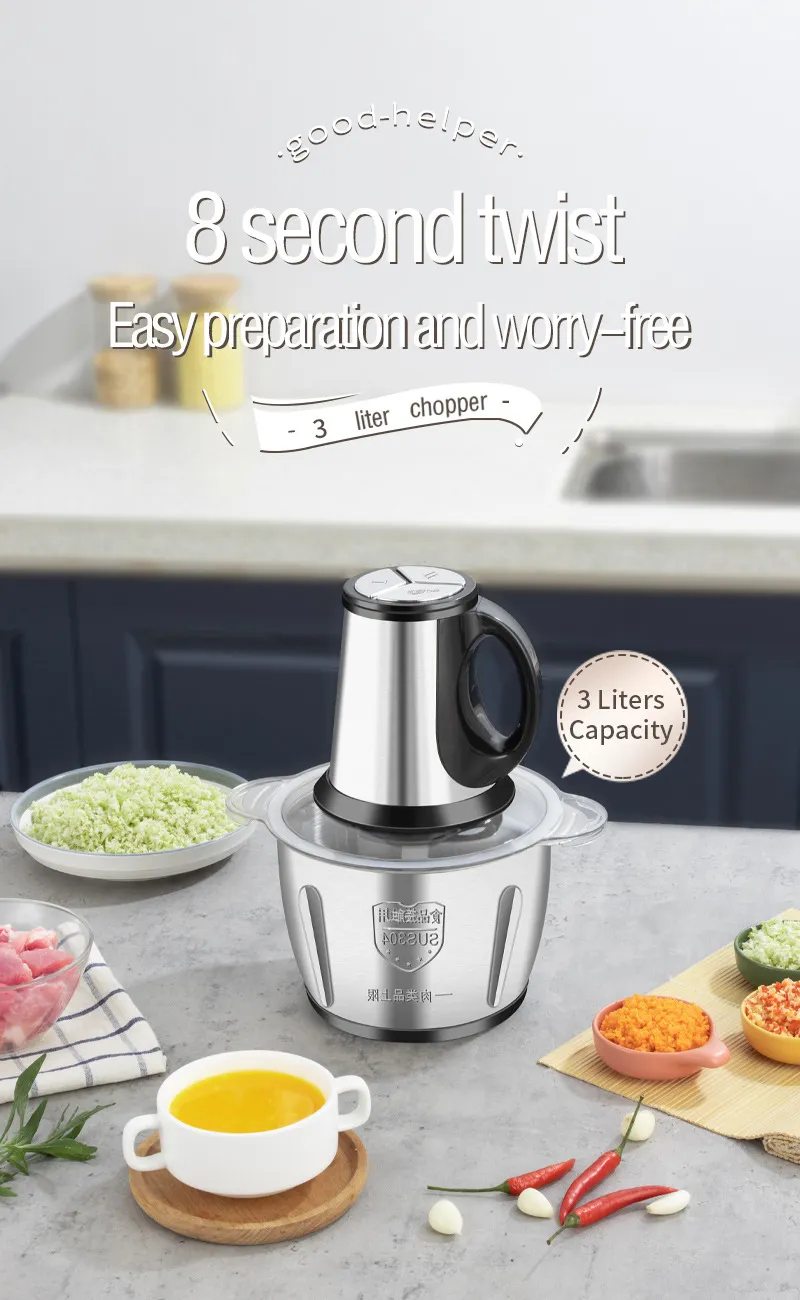Hachoir Électrique Multifonction 3L – Inox SUS304, Compact, Efficace et Durable