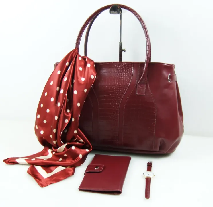 Pack Sac à Main Rouge Femme avec Foulard, Porte-Monnaie et Montre – Élégance et Raffinement