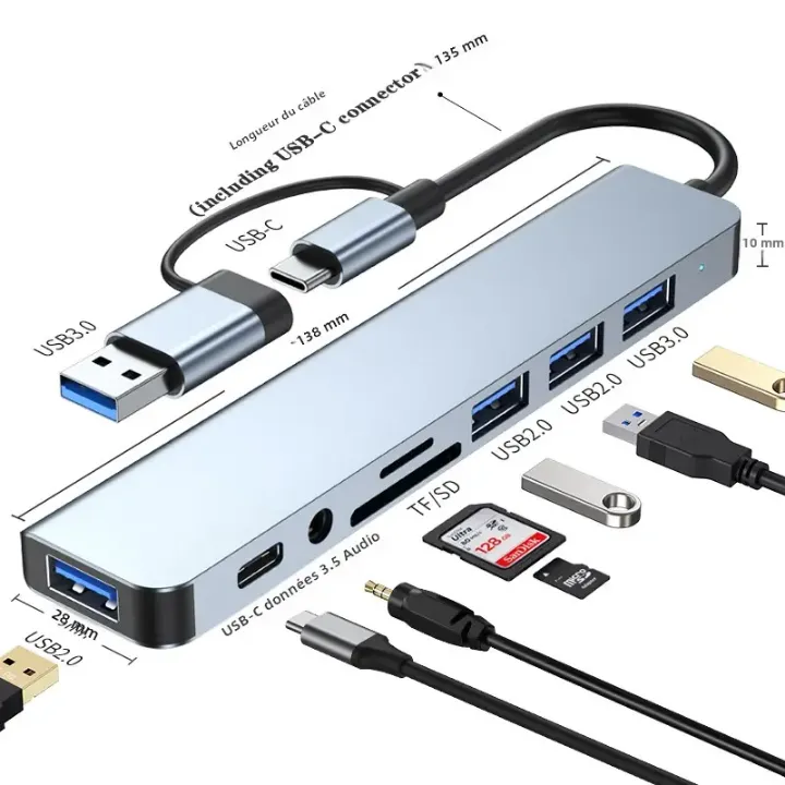 Hub USB-C 8 en 1 - Station d'Extension Multiport en Aluminium avec USB 3.0, SD/TF, Audio 3.5mm, PD 5W - Pour PC, MacBook et Smartphones