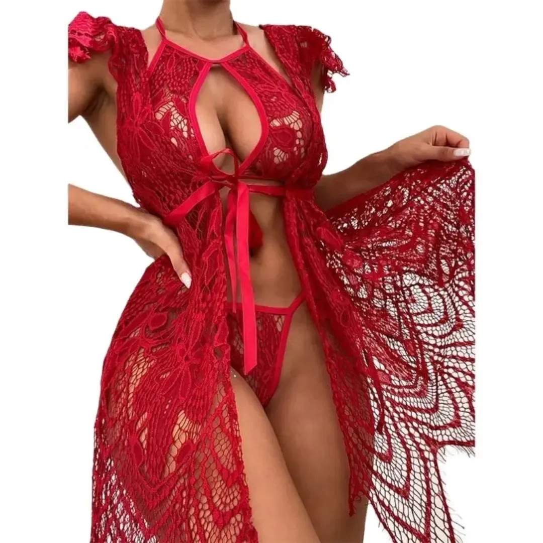 Peignoir Long en Dentelle Sexy pour Femmes – Lingerie Transparente, Élégante et Sensuelle 2025