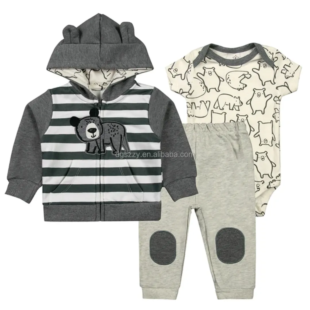 Ensemble 3 Pièces Bébé - Veste Capuche + Pantalon + Barboteuse - Coton Doux et Respirant - Tailles 6M à 24M