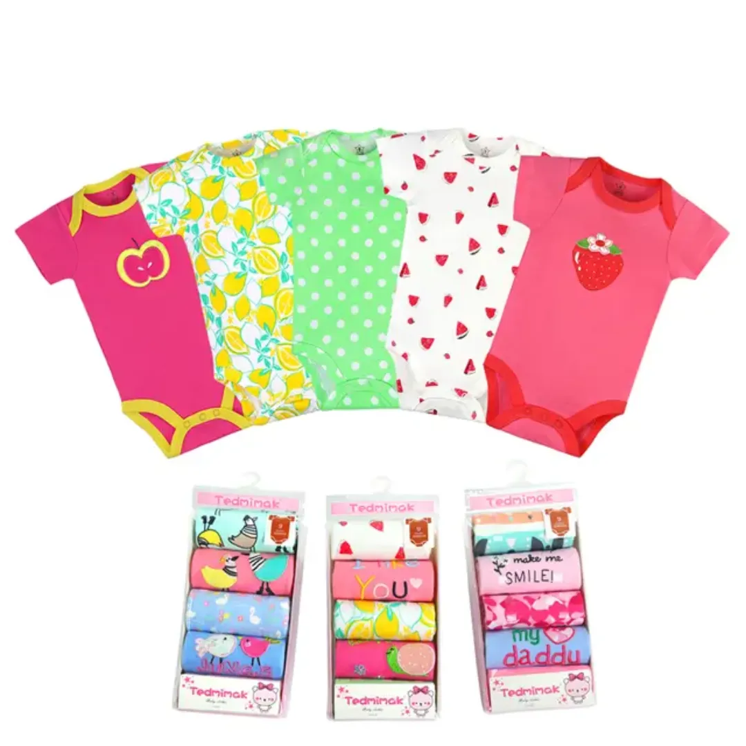 Lot de 5 Barboteuses Bébé – Coton Doux, Manches Courtes – 0 à 24 Mois – Motifs Animés