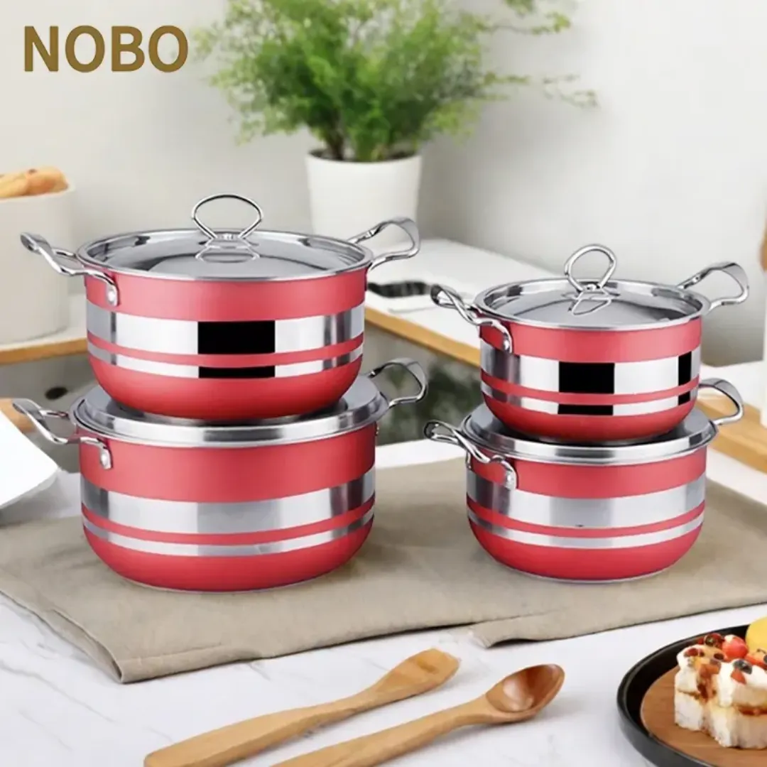 Ensemble de 4 Marmites en Acier Inoxydable - Design Rouge Élégant, Compatible Tous Feux, Idéal pour Soupe, Bouillon et Plats Familiaux