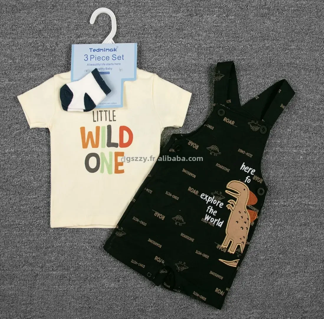 Ensemble 3 Pièces Bébé Été – T-shirt + Salopette à Bretelles Motif Animalier + Chaussettes– 6 à 24 Mois