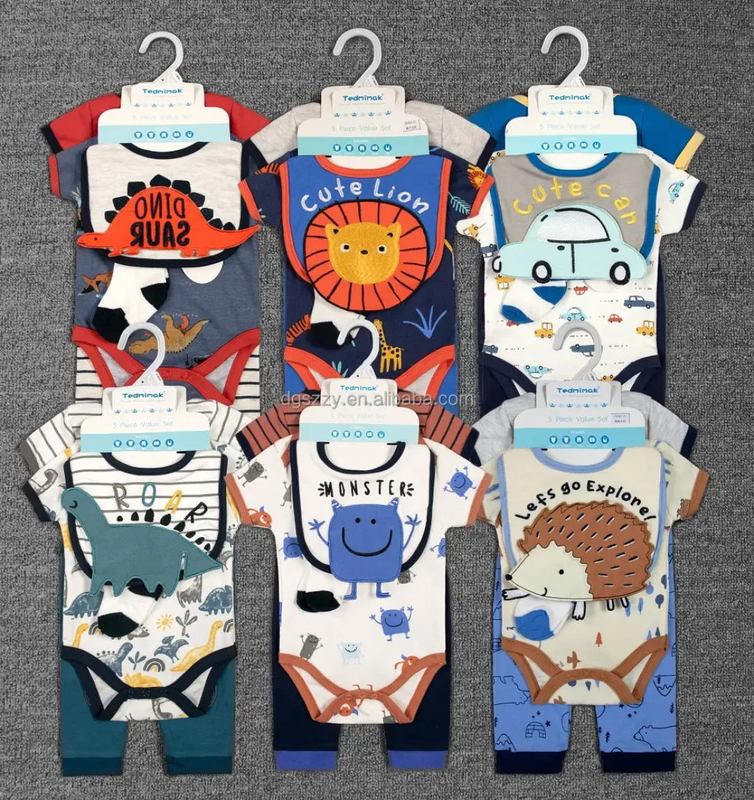 Ensemble Bébé 5 en 1 – Barboteuse, Pantalon, Bavoir, Chaussettes et Gants – Motif Fleur – 3 à 12 Mois