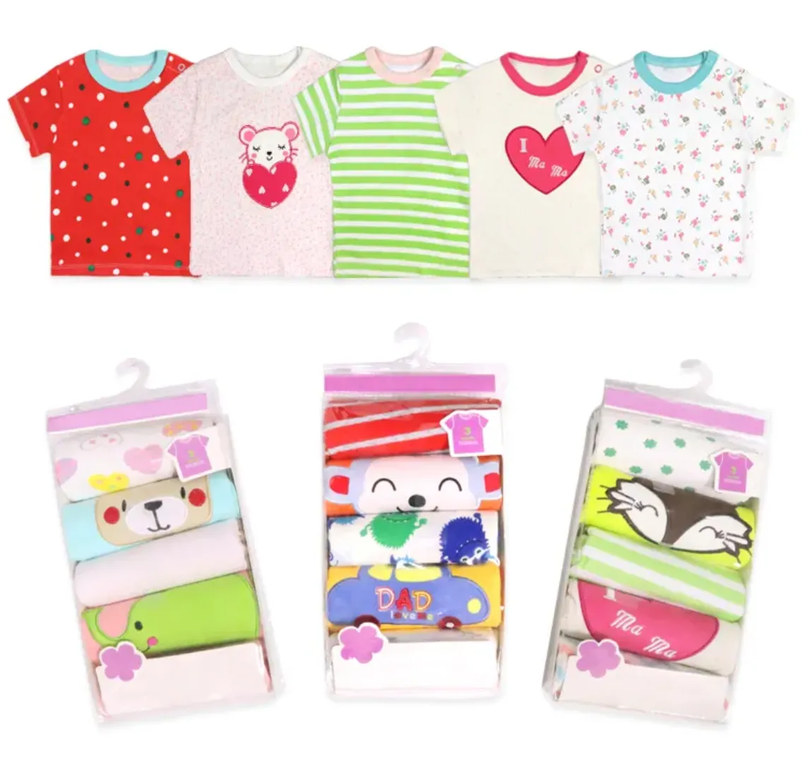 Lot de 5 T-Shirts Bébé Coton – Manches Courtes – Motifs Animés – 0 à 24 Mois