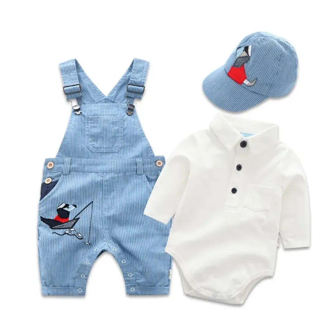 Ensemble Salopette Bébé Garçon – 3 Pièces (Salopette + Body + Casquette) – 0 à 24 Mois – Nouvelle Collection 2024