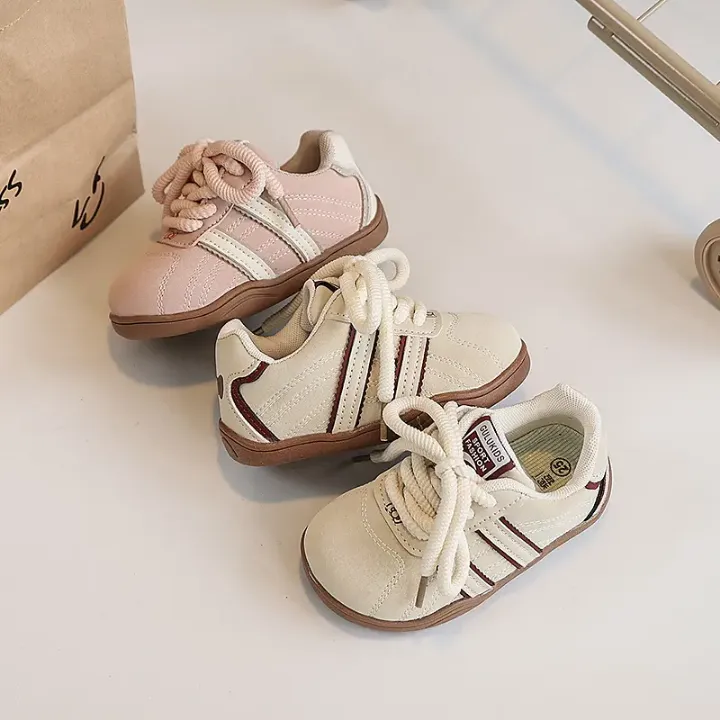 Chaussures de Sport Bébé Rétro avec Lacets - Blanc Cassé et Rose