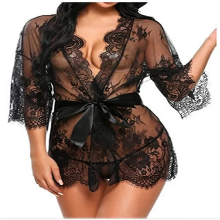 Chemise de Nuit Sexy en Dentelle Transparente – Lingerie Féminine Élégante avec Ceinture Satinée