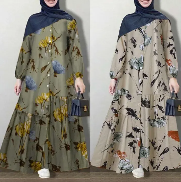 Robe Longue en Tricot Coton à Motifs Floraux – Style Modeste Élégant pour Femme
