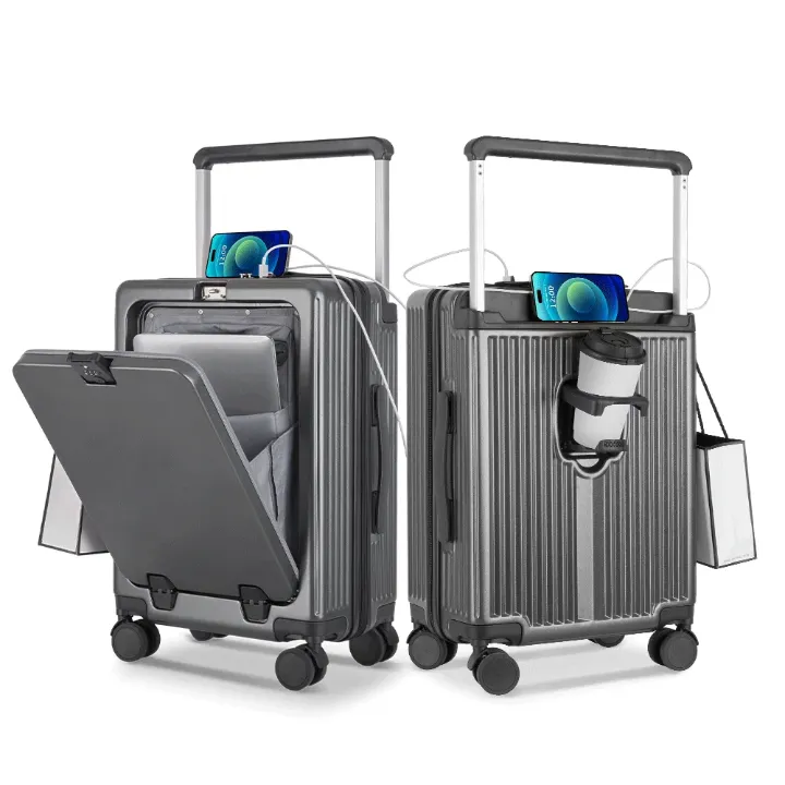 Valise cabine 20” intelligente en aluminium – Porte-gobelet, support téléphone & crochet sac intégré – Bagage rigide à roulettes 360°