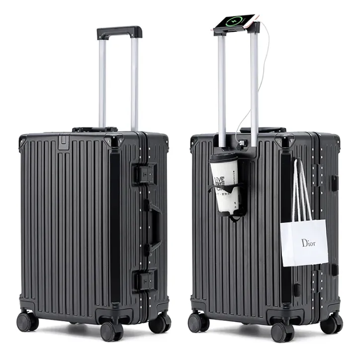 Valise cabine 22” en aluminium – Bagage intelligent avec support téléphone, porte-gobelet & crochet sac – Roues pivotantes 360