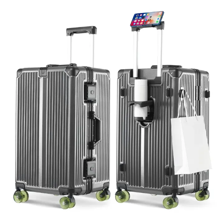 Valise 26” en aluminium renforcé – Bagage spacieux avec support téléphone, porte-gobelet et crochet – Élégance & robustesse pour voyageurs exigeants