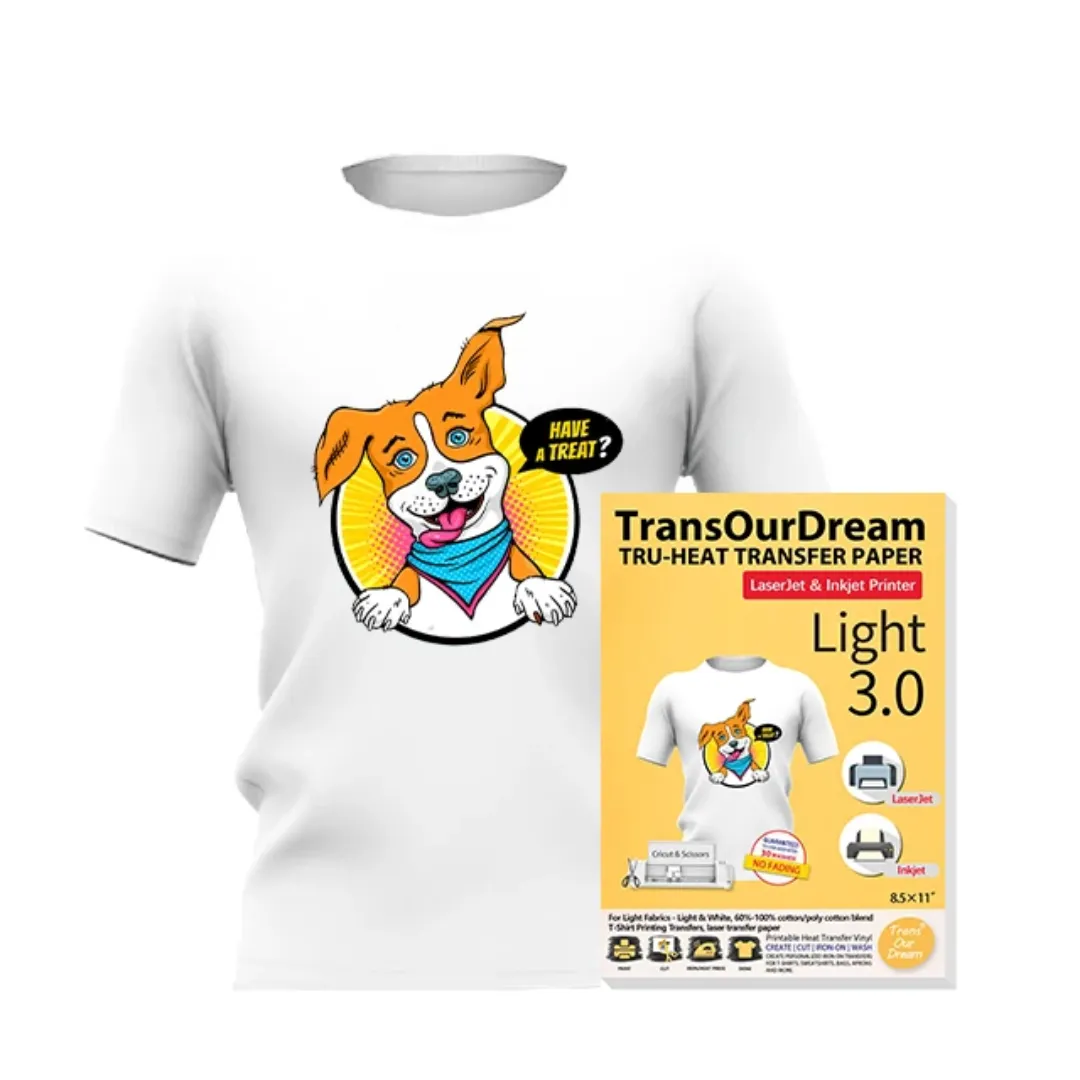 20 feuilles dans un paquet. Papier Transfert Thermique TransOurDream Light 3.0 – Pour T-Shirts Blancs & Clairs (Laser & Jet d’Encre)
