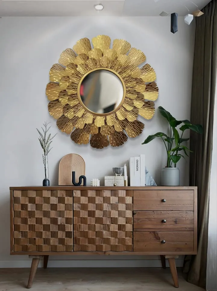 Miroir feuille de ginkgo en métal doré